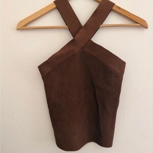 Babaton Chocolate Brown Ribbed Cross-Back Crop Top